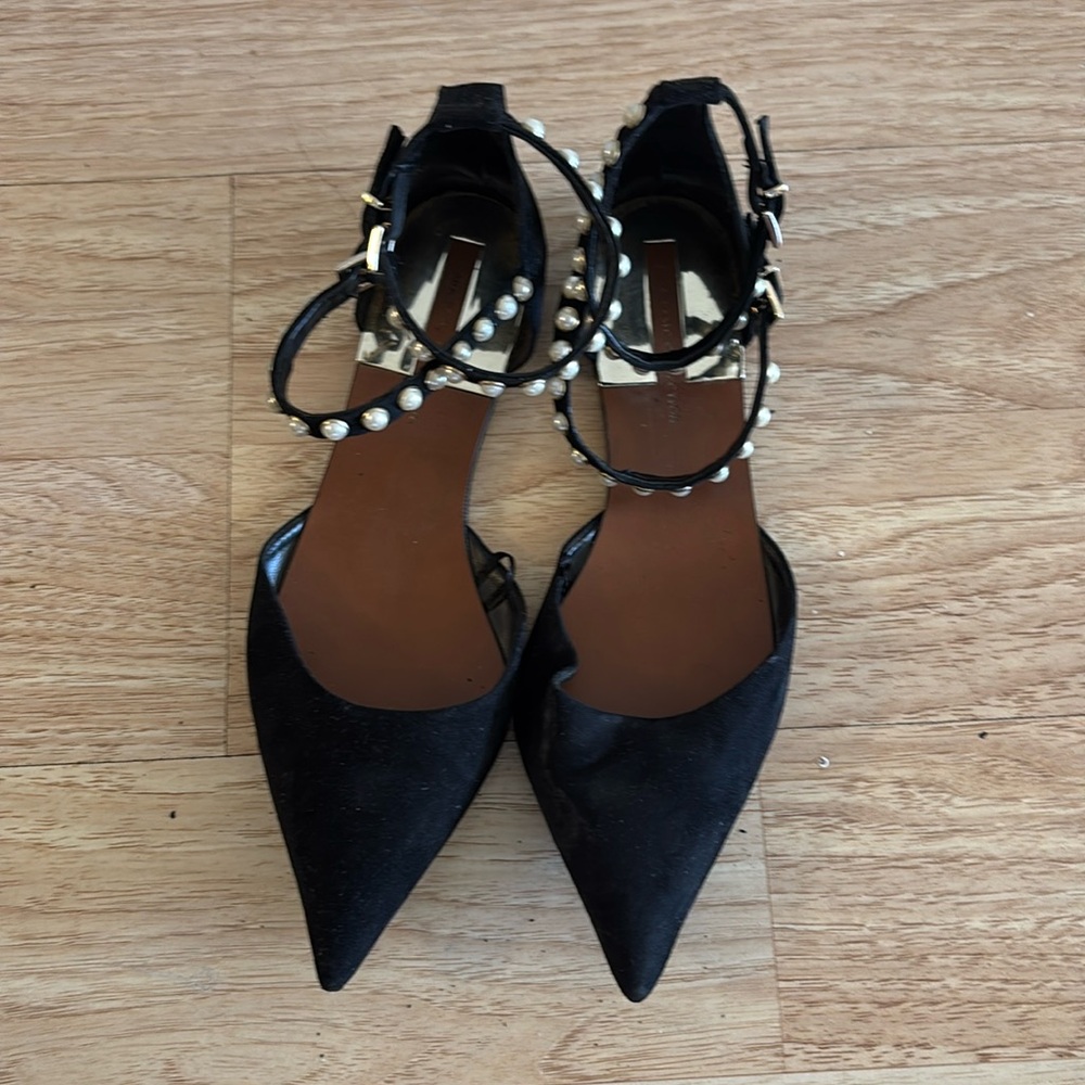 Zara Black Suede Flats with Pearl Ankle Straps